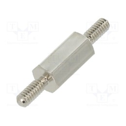 50 pcs : 411X08 - Screwed spacer sleeve, 8mm, Ext.thread: M2, hexagonal, brass