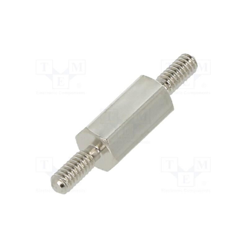 50 pcs : 411X08 - Screwed spacer sleeve, 8mm, Ext.thread: M2, hexagonal, brass