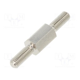 50 pcs : 413X08 - Screwed spacer sleeve, 8mm, Ext.thread: M3, hexagonal, brass