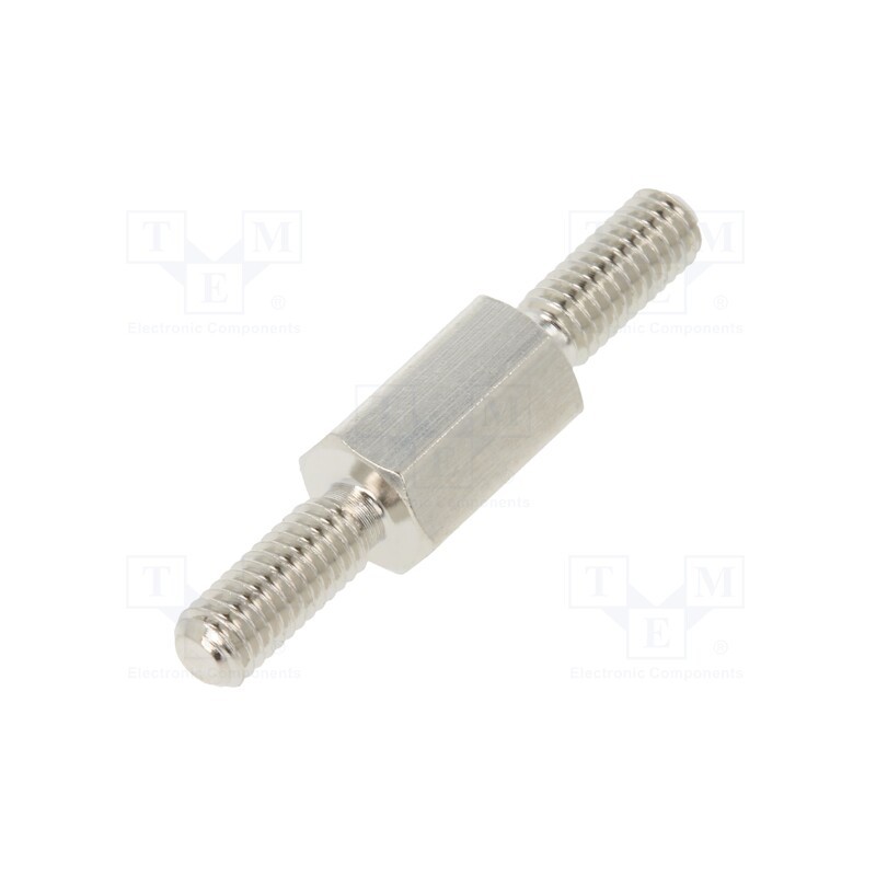 50 pcs : 413X08 - Screwed spacer sleeve, 8mm, Ext.thread: M3, hexagonal, brass