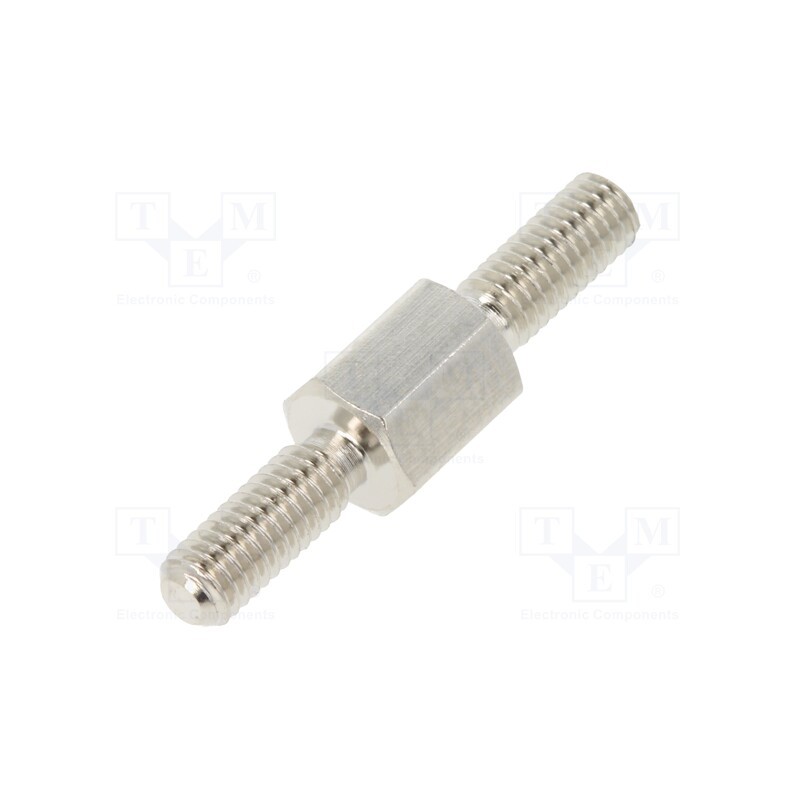 50 pcs : 413X06 - Screwed spacer sleeve, 6mm, Ext.thread: M3, hexagonal, brass