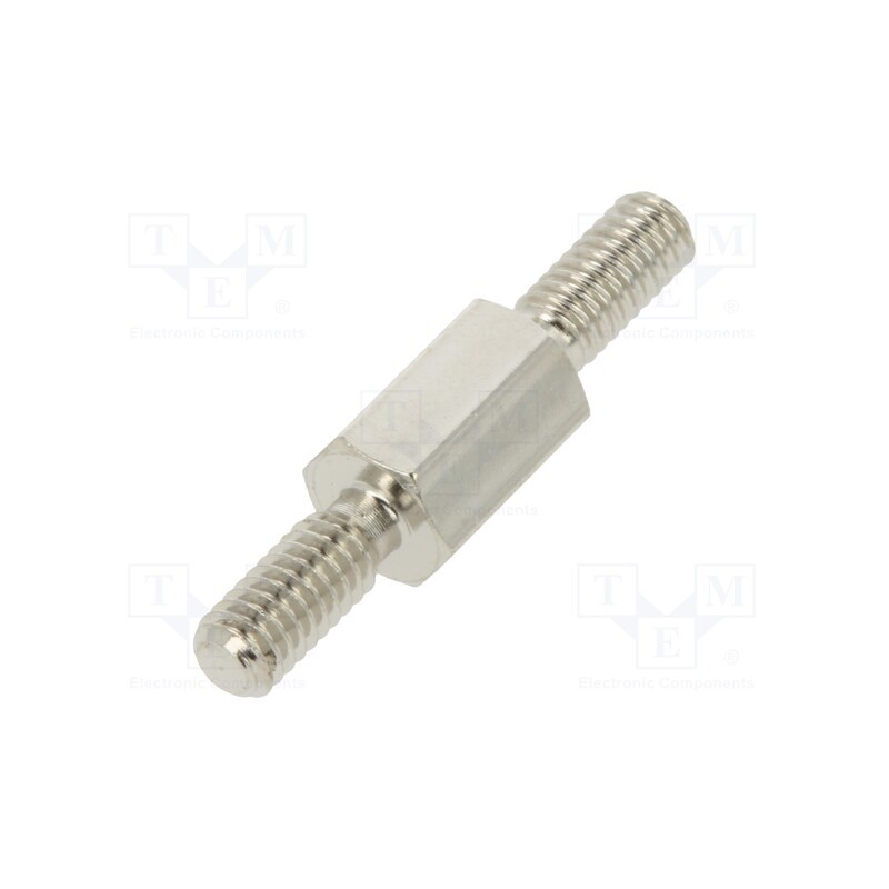 50 pcs : 4112X06 - Screwed spacer sleeve, 6mm, Ext.thread: M2,5, hexagonal, brass