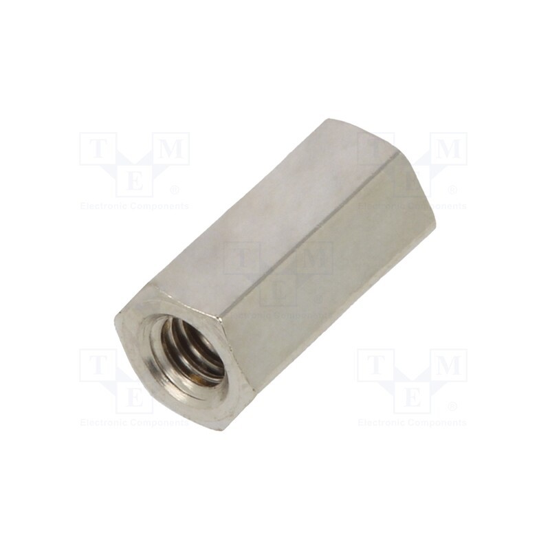 50 pcs : 1112X08 - Screwed spacer sleeve, 8mm, Int.thread: M2,5, hexagonal, brass