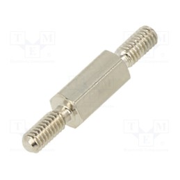 50 pcs : 4112X08 - Screwed spacer sleeve, 8mm, Ext.thread: M2,5, hexagonal, brass