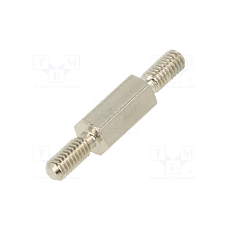 50 pcs : 4112X08 - Screwed spacer sleeve, 8mm, Ext.thread: M2,5, hexagonal, brass
