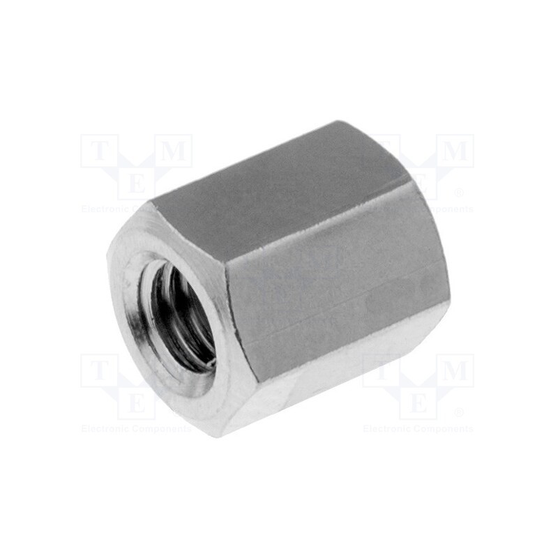 50 pcs : 113X06 - Screwed spacer sleeve, 6mm, Int.thread: M3, hexagonal, brass