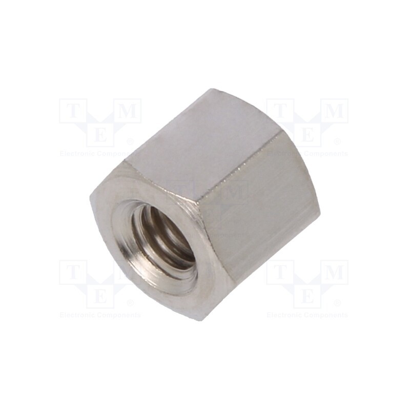 50 pcs : 114X05 - Screwed spacer sleeve, 5mm, Int.thread: M3, hexagonal, brass