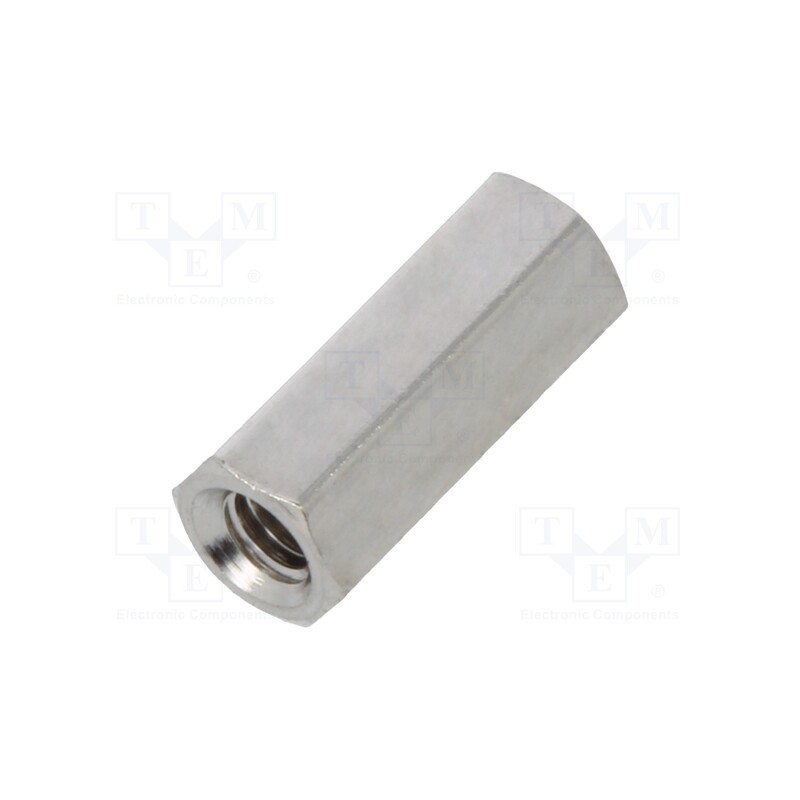 50 pcs : 1112X10 - Screwed spacer sleeve, 10mm, Int.thread: M2,5, hexagonal, brass