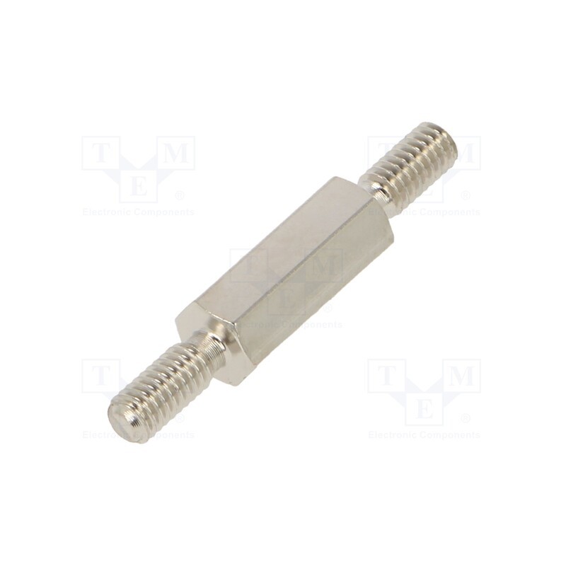 50 pcs : 4112X10 - Screwed spacer sleeve, 10mm, Ext.thread: M2,5, hexagonal, brass