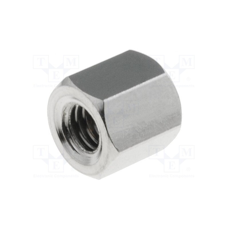 50 pcs : 113X05 - Screwed spacer sleeve, 5mm, Int.thread: M3, hexagonal, brass