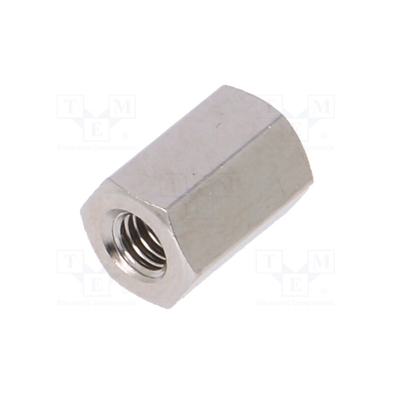 50 pcs : 114X08 - Screwed spacer sleeve, 8mm, Int.thread: M3, hexagonal, brass