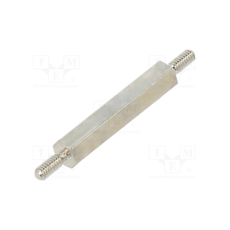 50 pcs : 411X20 - Screwed spacer sleeve, 20mm, Ext.thread: M2, hexagonal, brass