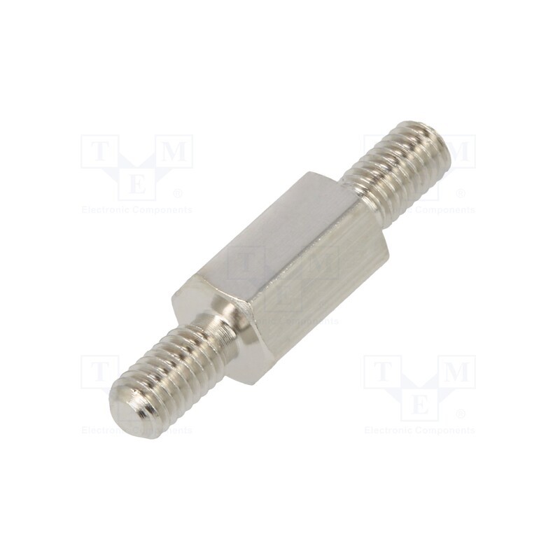 50 pcs : 413X08K - Screwed spacer sleeve, 8mm, Ext.thread: M3, hexagonal, brass