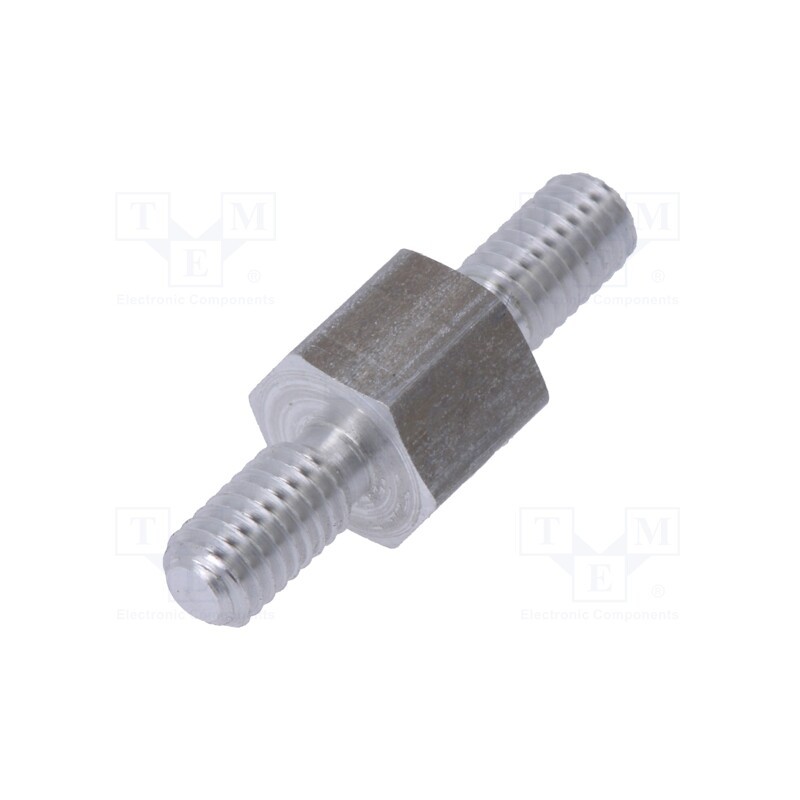 50 pcs : 434X05 - Screwed spacer sleeve, 5mm, Ext.thread: M3, hexagonal, aluminium