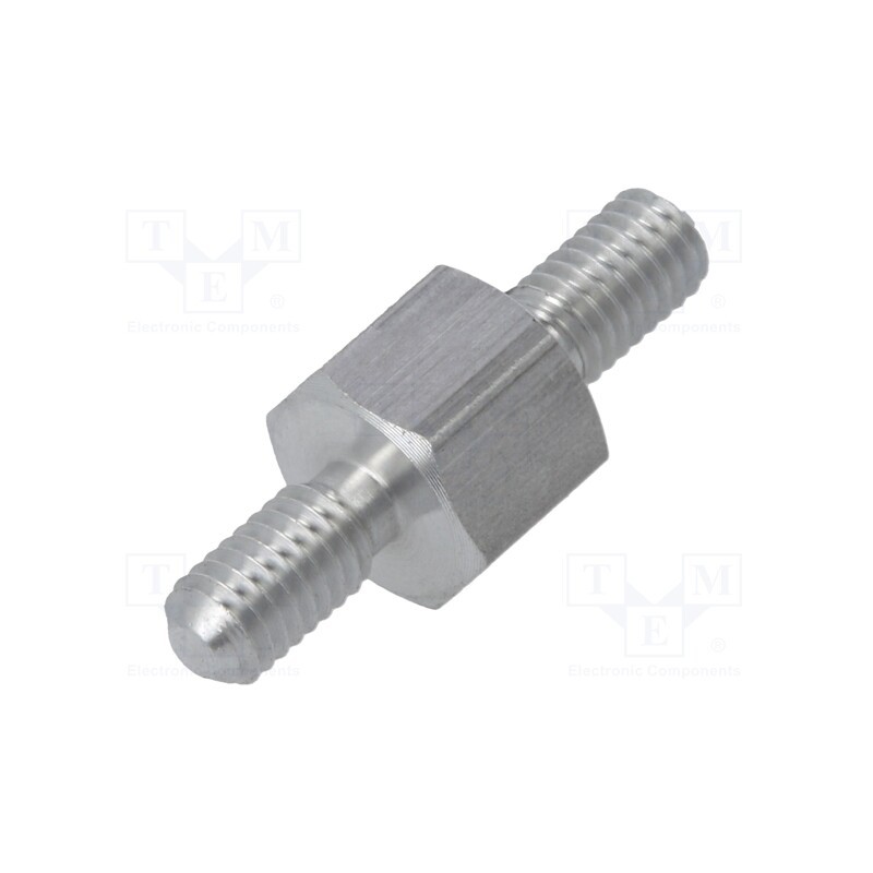 50 pcs : 435X05 - Screwed spacer sleeve, 5mm, Ext.thread: M3, hexagonal, aluminium