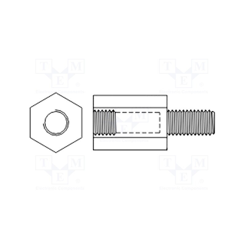 50 pcs : 213X15K - Screwed spacer sleeve, 15mm, Int.thread: M3, Ext.thread: M3, brass