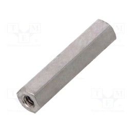 50 pcs : 111X18 - Screwed spacer sleeve, 18mm, Int.thread: M2, hexagonal, brass