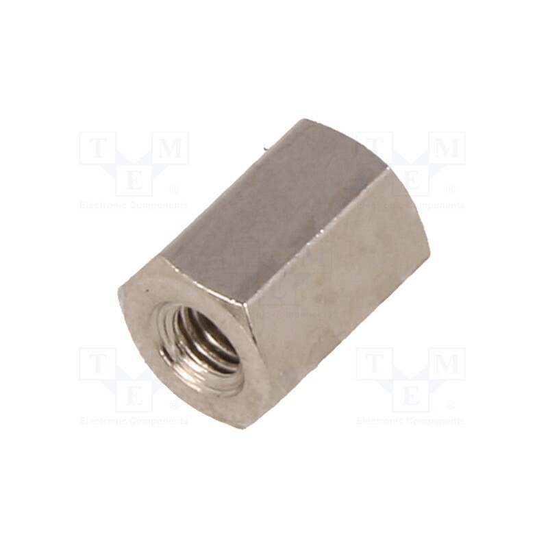 50 pcs : 115X08 - Screwed spacer sleeve, 8mm, Int.thread: M3, hexagonal, brass