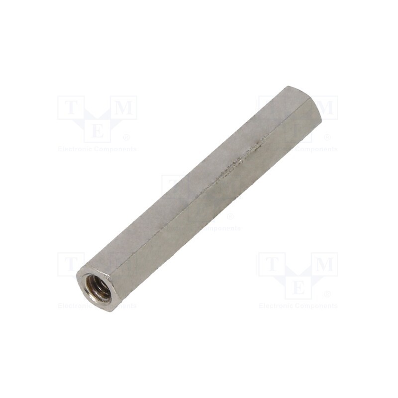 50 pcs : 1112X25 - Screwed spacer sleeve, 25mm, Int.thread: M2,5, hexagonal, brass