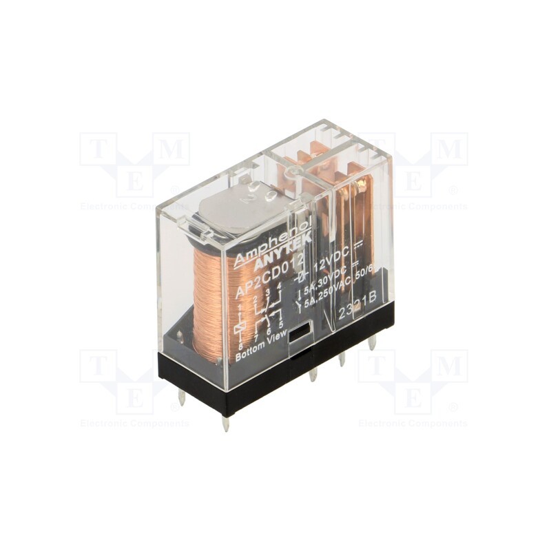 10 pcs : AP2CD01200G - Relay: electromagnetic power, DPDT, Ucoil: 12VDC, 5A, Series: AP