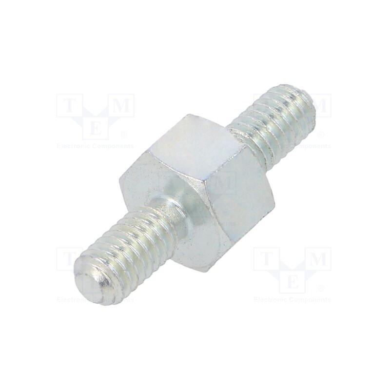 50 pcs : 427X05 - Screwed spacer sleeve, 5mm, Ext.thread: M4, hexagonal, steel, zinc