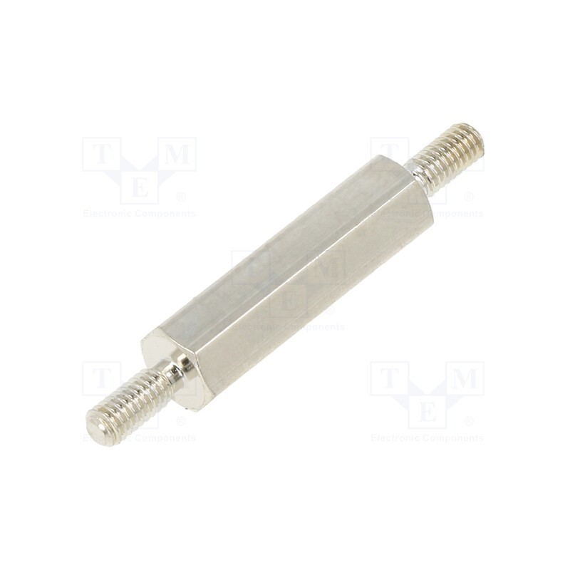 50 pcs : 412X18 - Screwed spacer sleeve, 18mm, Ext.thread: M2,5, hexagonal, brass