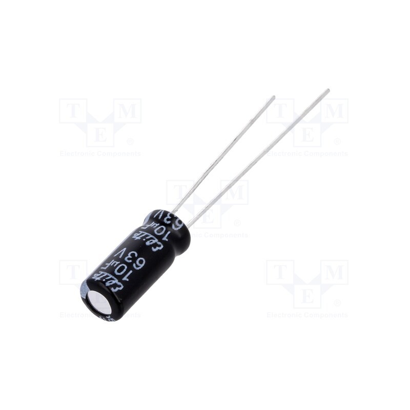 100 pcs : PF1J100MNN0511U - Capacitor: electrolytic, THT, 10uF, 63VDC, Ø5x11mm, Pitch: 2mm, ±20%