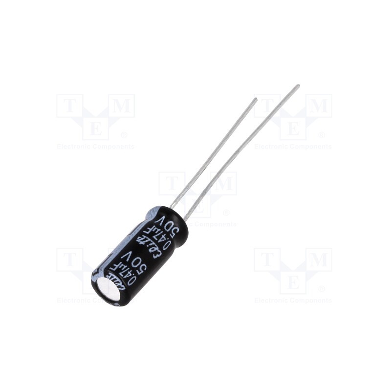 100 pcs : PF1HR47MNN0511U - Capacitor: electrolytic, THT, 0.47uF, 50VDC, Ø5x11mm, Pitch: 2mm