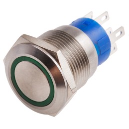 1 pcs - RS PRO Illuminated Push Button Switch, Momentary, Panel Mount, 19.2mm Cutout, DPDT, Green LED, 250V ac, IP67