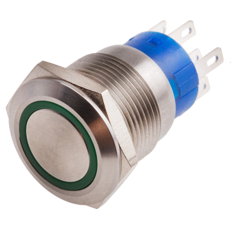 1 pcs - RS PRO Illuminated Push Button Switch, Momentary, Panel Mount, 19.2mm Cutout, DPDT, Green LED, 250V ac, IP67