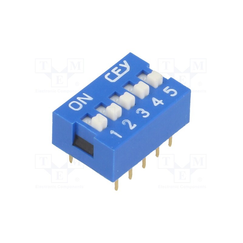 10 pcs : - Switch: DIP-SWITCH, Poles number: 5, ON-OFF, 0.05A/12VDC, Pos: 2