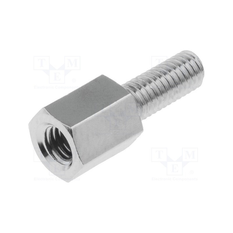 50 pcs : 213X6 - Screwed spacer sleeve, 6mm, Int.thread: M3, Ext.thread: M3, brass