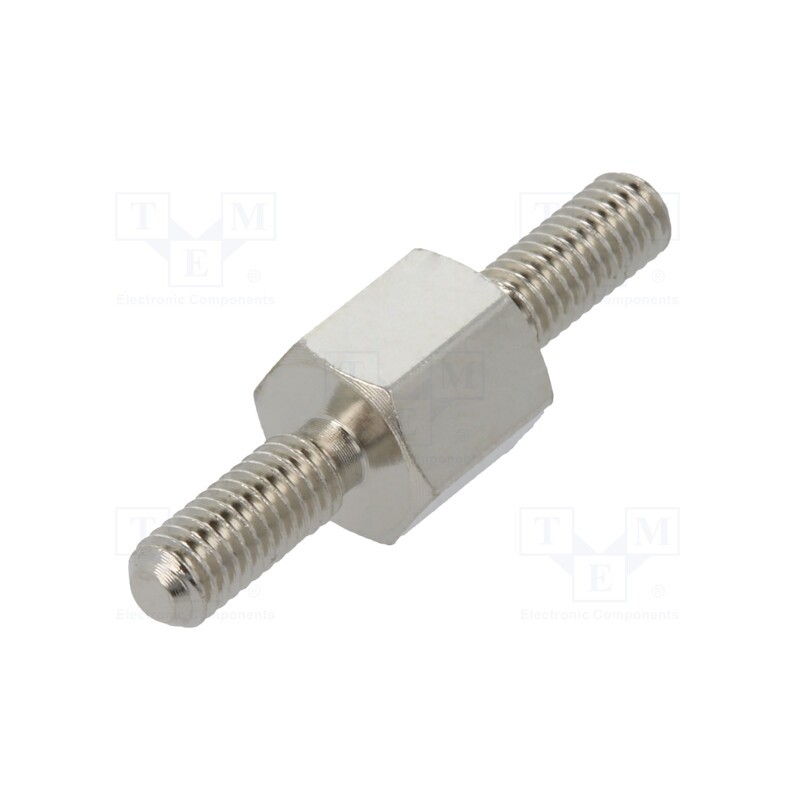 50 pcs : 415X06 - Screwed spacer sleeve, 6mm, Ext.thread: M3, hexagonal, brass