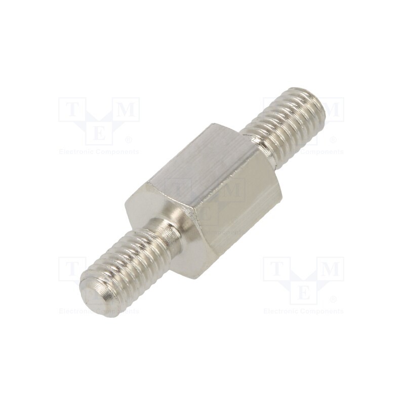 50 pcs : 414X06K - Screwed spacer sleeve, 6mm, Ext.thread: M3, hexagonal, brass