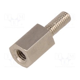 50 pcs : 215X08 - Screwed spacer sleeve, 8mm, Int.thread: M3, Ext.thread: M3, brass