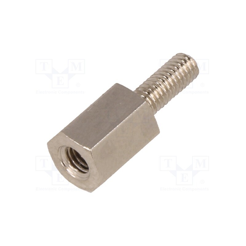 50 pcs : 215X08 - Screwed spacer sleeve, 8mm, Int.thread: M3, Ext.thread: M3, brass