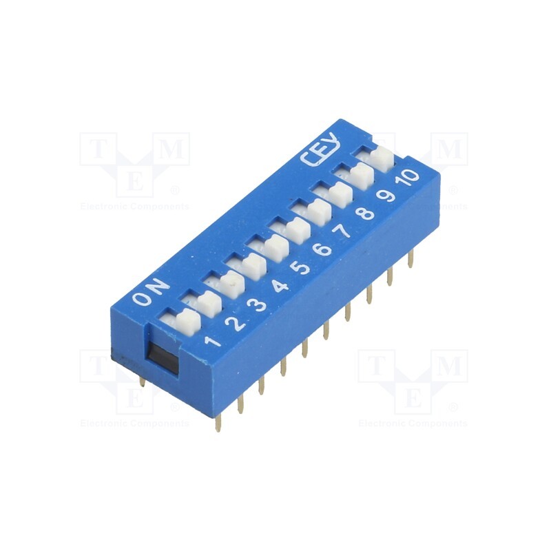 10 pcs : - Switch: DIP-SWITCH, Poles number: 10, ON-OFF, 0.05A/12VDC, Pos: 2