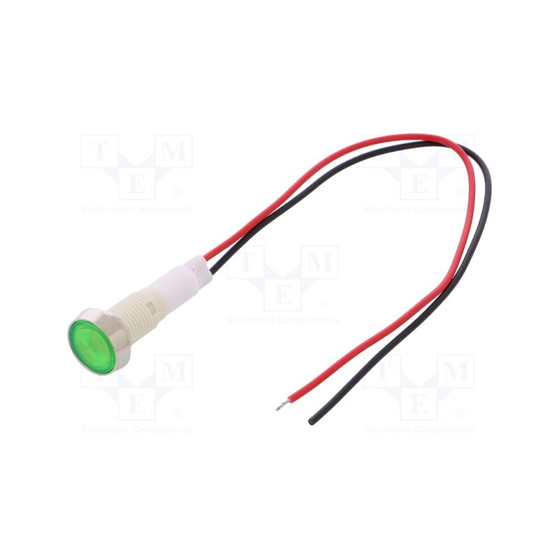 10 pcs : IND10P-110G-W - Indicator: LED, flat, green, 110VDC, 110VAC, Ø10mm, leads 200mm