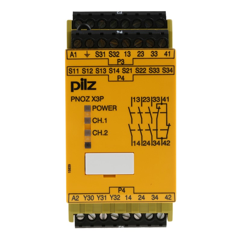 1 pcs - Pilz Dual-Channel Emergency Stop, Light Beam/Curtain, Safety Switch/Interlock Safety Relay, 24 - 240V ac/dc, 3
