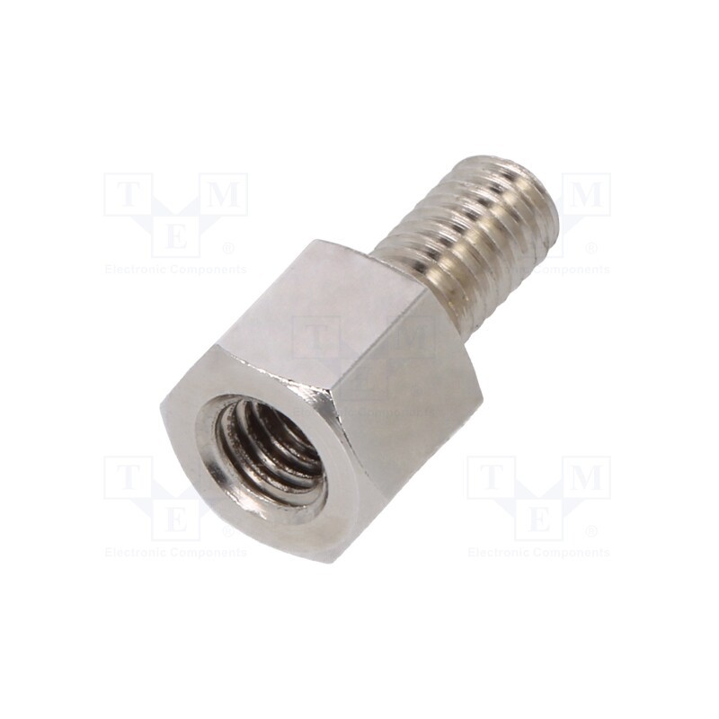 50 pcs : 216X06 - Screwed spacer sleeve, 6mm, Int.thread: M4, Ext.thread: M4, brass