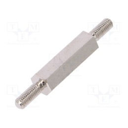 50 pcs : 414X18 - Screwed spacer sleeve, 18mm, Ext.thread: M3, hexagonal, brass