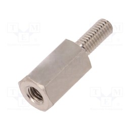 50 pcs : 215X10 - Screwed spacer sleeve, 10mm, Int.thread: M3, Ext.thread: M3, brass