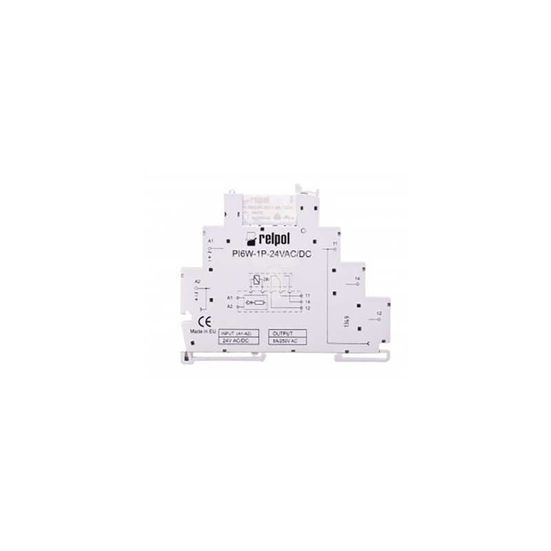 1 pcs - Relpol PIR6W Series Interface Relay, DIN Rail Mount, 24V ac/dc Coil, SPDT, 1-Pole, 6A Load