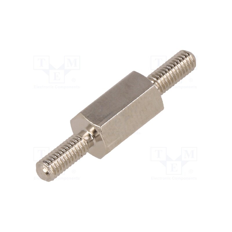 50 pcs : 415X10 - Screwed spacer sleeve, 10mm, Ext.thread: M3, hexagonal, brass