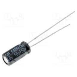 50 pcs : KM 10U/50V - Capacitor: electrolytic, THT, 10uF, 50VDC, Ø5x11mm, Pitch: 2mm, ±20%