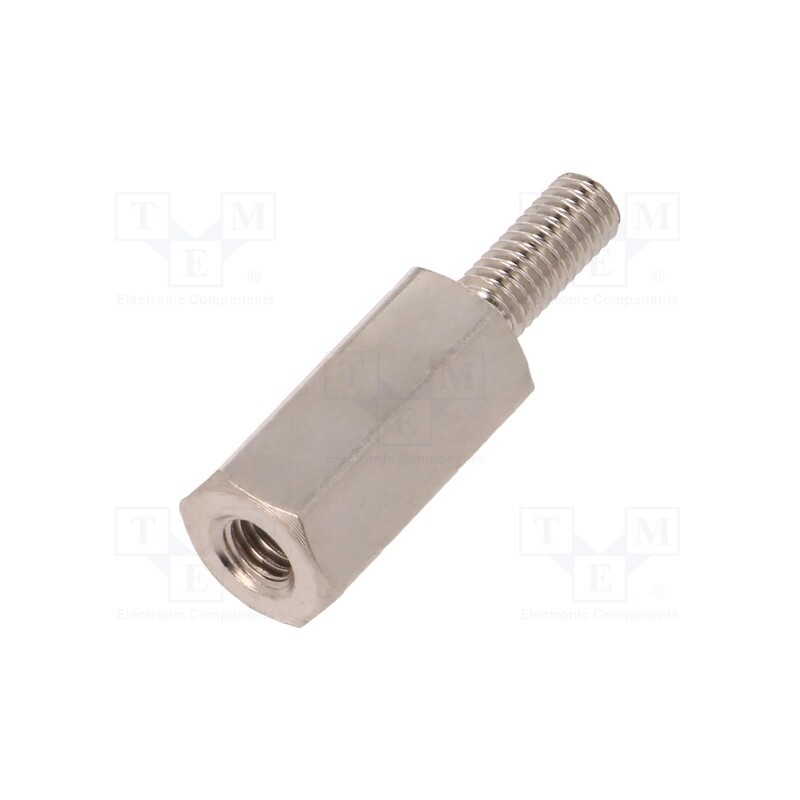 50 pcs : 215X12 - Screwed spacer sleeve, 12mm, Int.thread: M3, Ext.thread: M3, brass