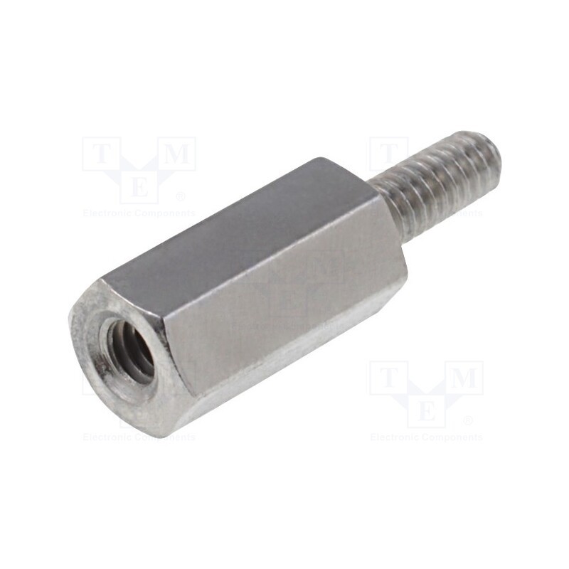 50 pcs : 211X08 - Screwed spacer sleeve, 8mm, Int.thread: M2, Ext.thread: M2, brass