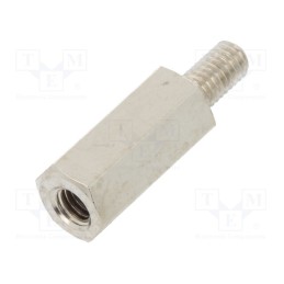 50 pcs : 214X12K - Screwed spacer sleeve, 12mm, Int.thread: M3, Ext.thread: M3, brass