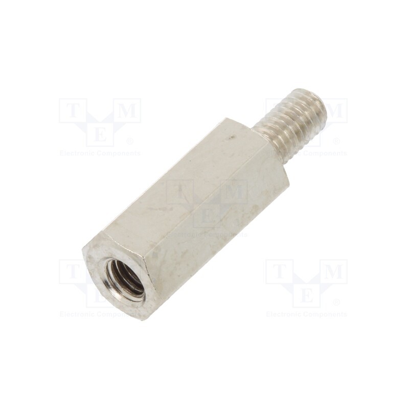 50 pcs : 214X12K - Screwed spacer sleeve, 12mm, Int.thread: M3, Ext.thread: M3, brass