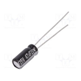 20 pcs : EEUEB1E470S - Capacitor: electrolytic, THT, 47uF, 25VDC, Ø5x11mm, Pitch: 2mm, ±20%